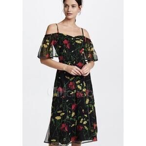 GREY by Jason Wu Black Floral Chiffon Silk‎ Off Shoulder Midi Dress Size 6